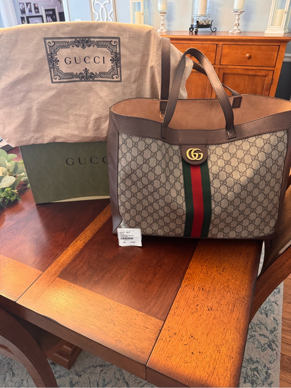 💛HOST PICK💛Gucci Beige GG Supreme Ophidia Tote with Brown Trim and Green-Red Web